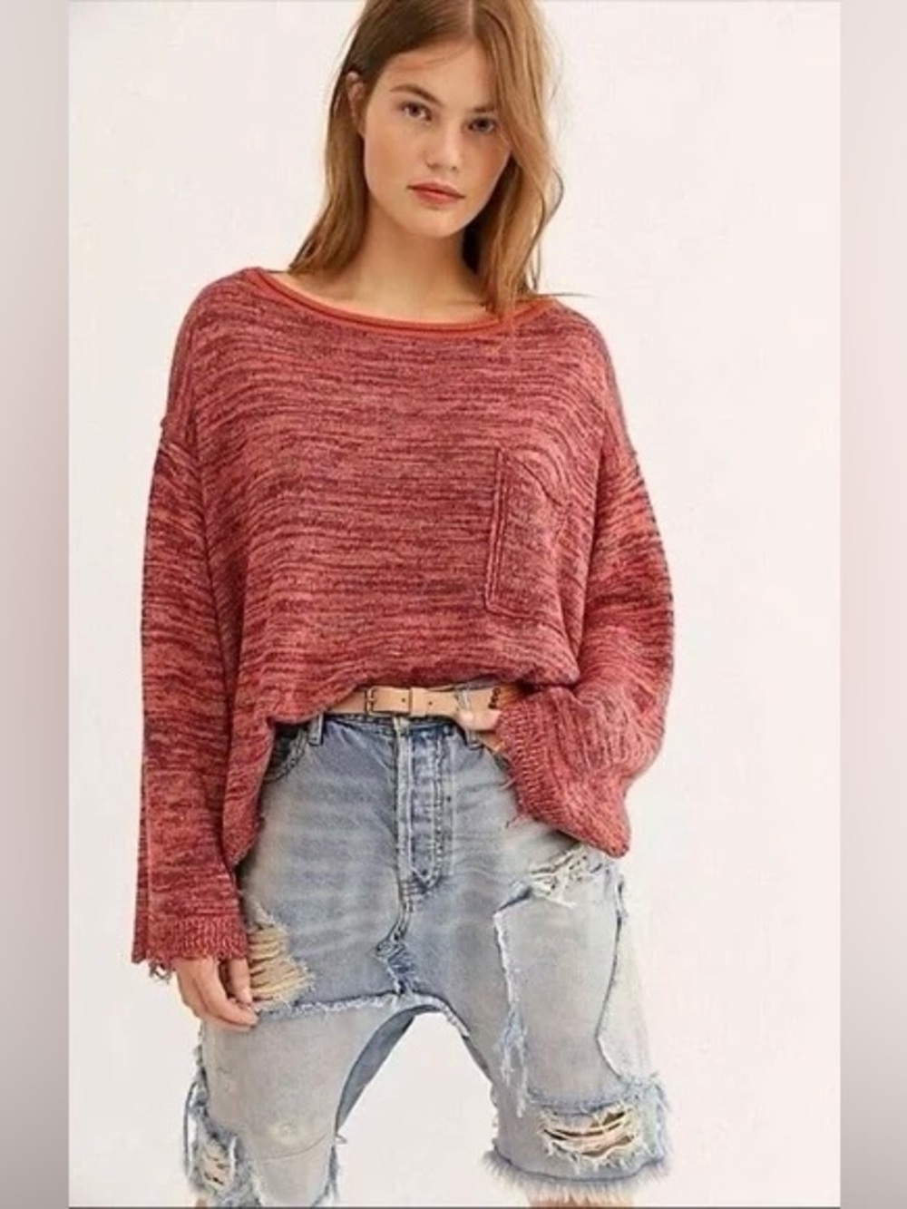 Free People Prism Spacedye Linen Red Slouchy Sweater S